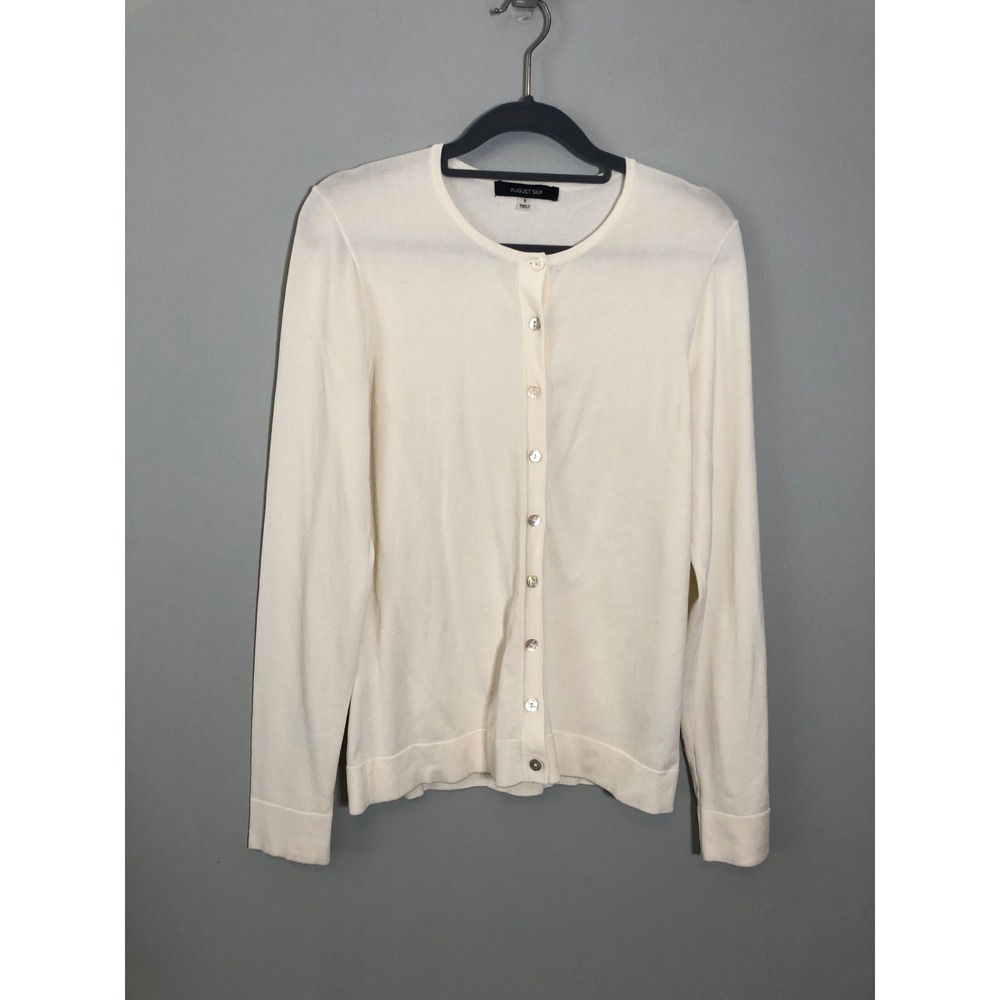 August Silk Cardigan Women Size S Cream Silk Blend Button Front Crew Neck